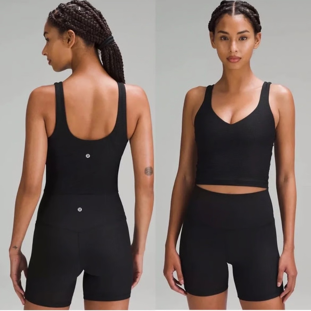 Lululemon 8 Scoop Neck Yoga Tank Top & High Rise Shorts Grid Texture Black Align